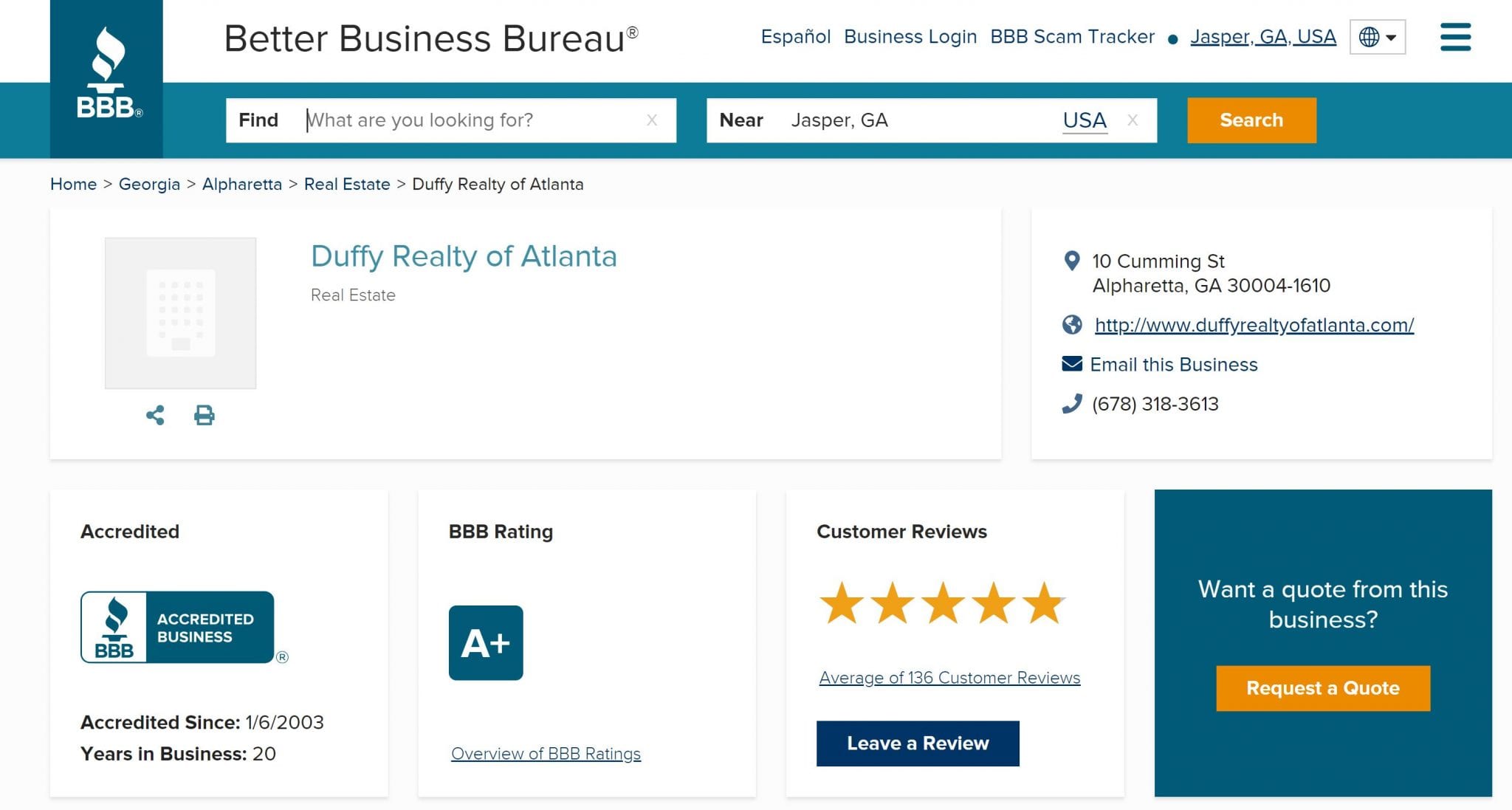 Duffy Realty has A+ Score on Better Business Bureau