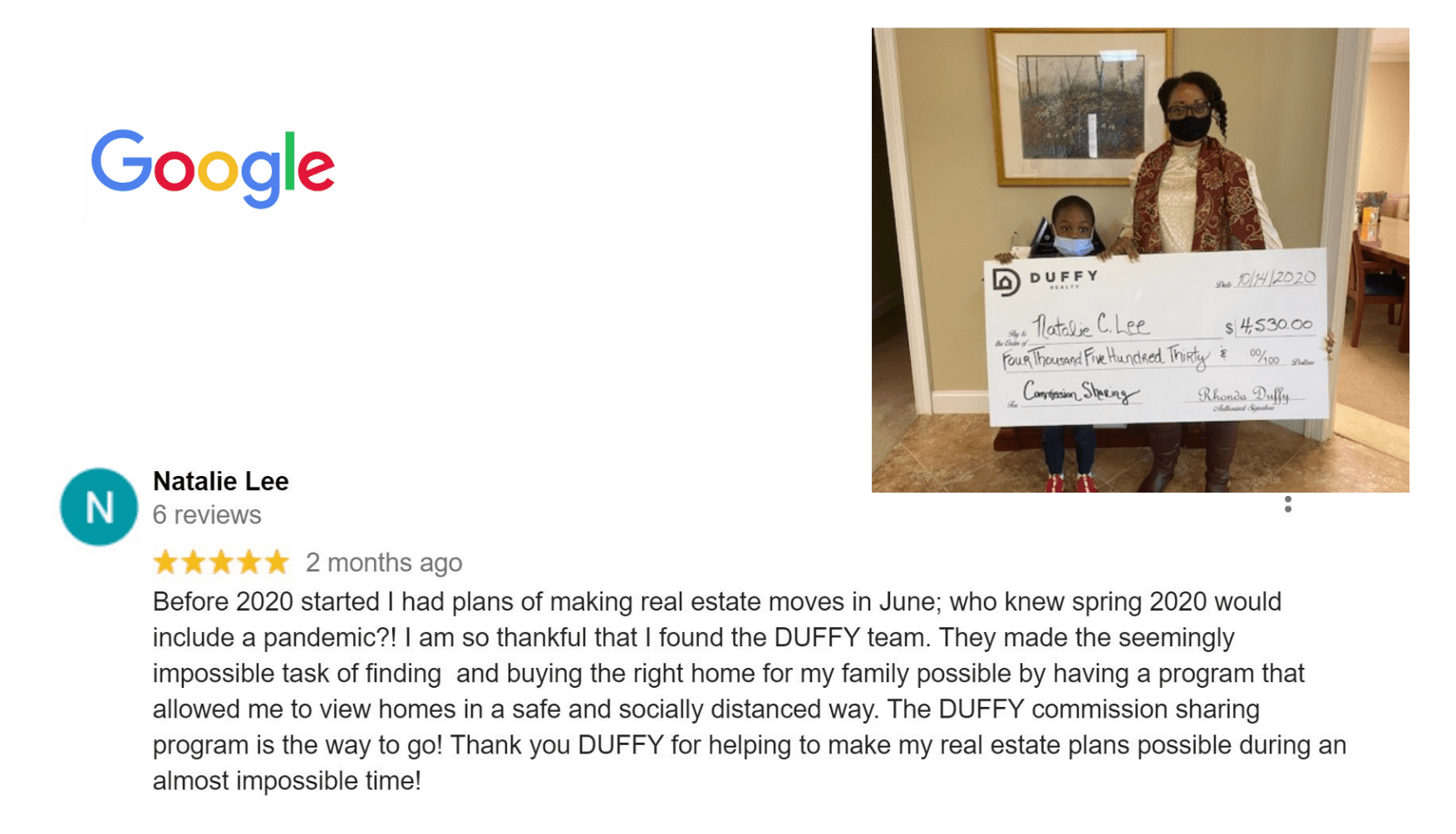 DUFFY commission sharing check for $4,530