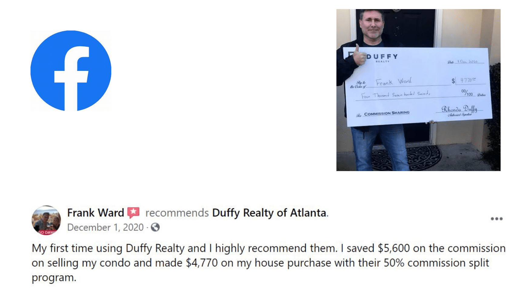 DUFFY commission sharing check for $4,770