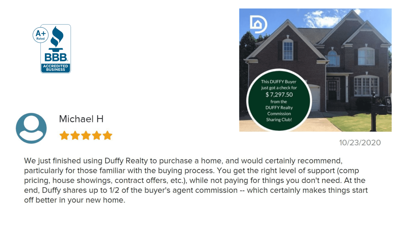 DUFFY Commission Sharing check to Buyer Michael Hanley for $7,297.50