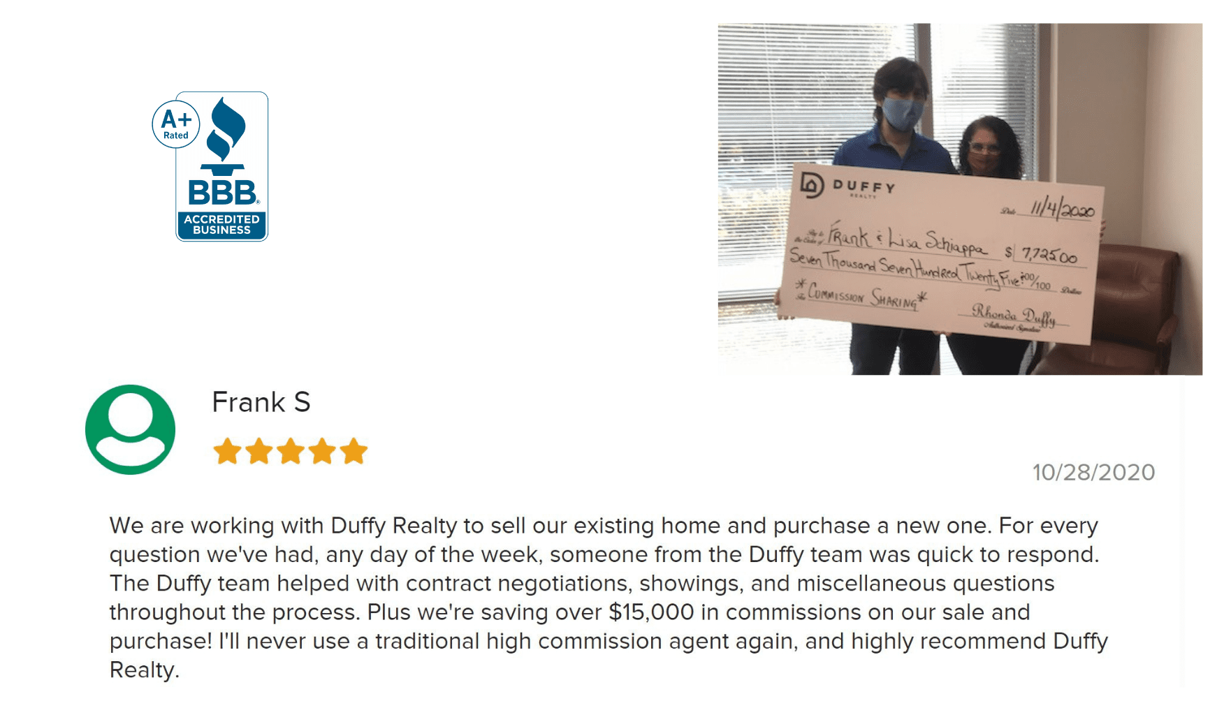 DUFFY commission sharing check for $7,725