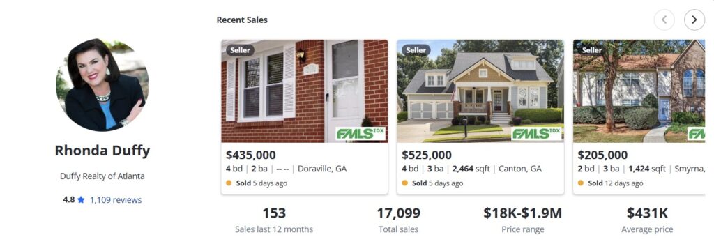 Rhonda Duffy real estate proof and sales record screenshot